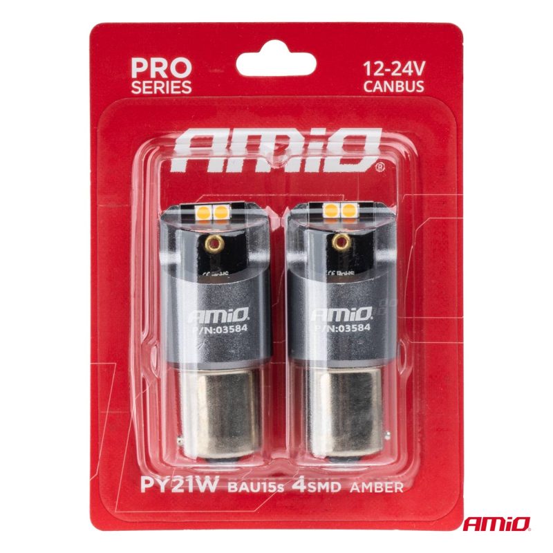 LED žiarovky FULL CANBUS PRO PY21W 4x3030 SMD amber 12V 24V AMIO-03584 – Obrázok 4