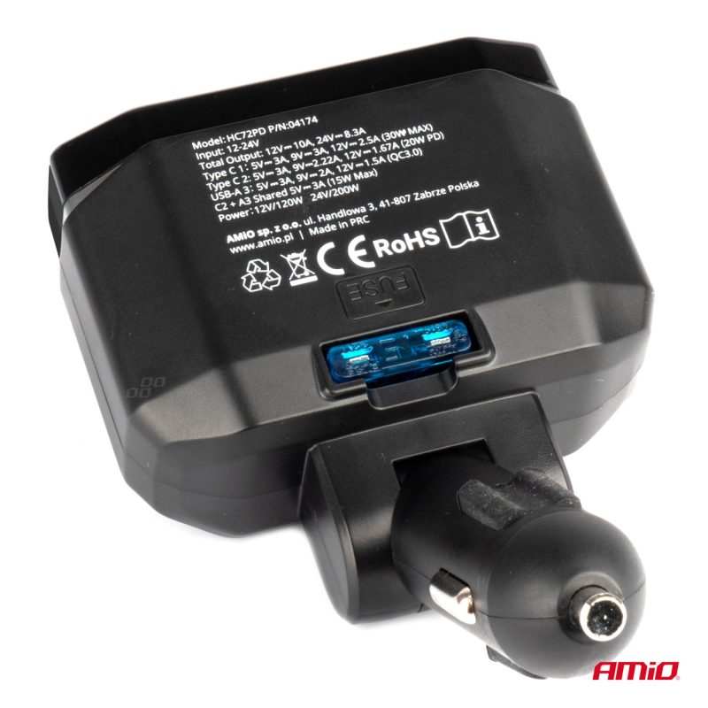 Predlžovacia zásuvka PD30W PD20W QC3.0 12/24V max 200W AMiO-04174 – Obrázok 4