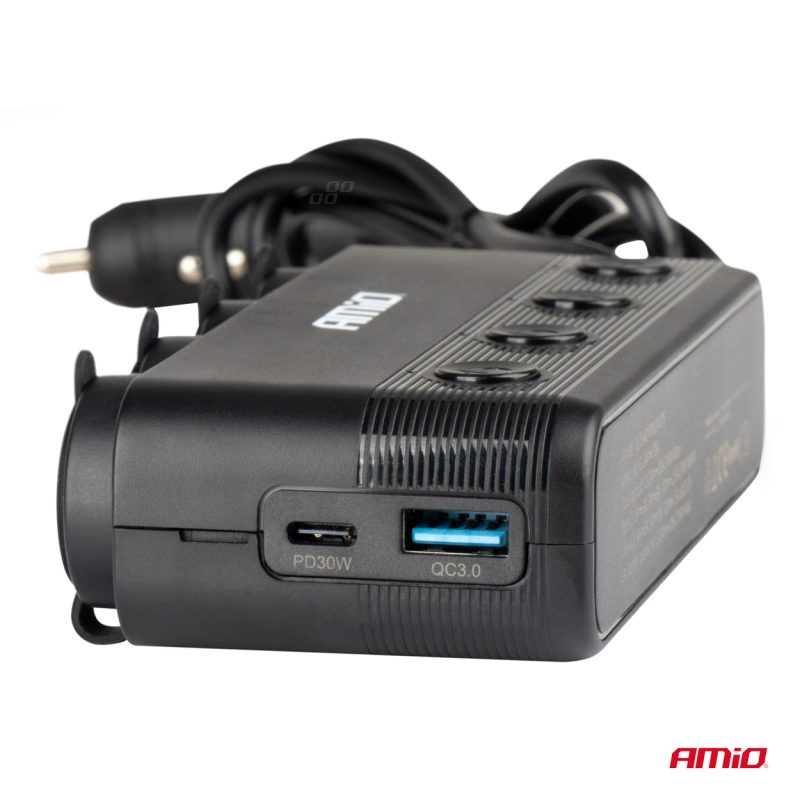 Štvornásobná predlžovacia zásuvka PD30W QC3.0 12/24V max 216W AMIO-04175 – Obrázok 4
