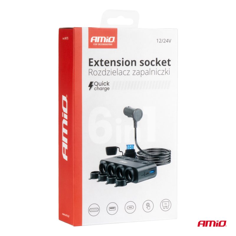 Štvornásobná predlžovacia zásuvka PD30W QC3.0 12/24V max 216W AMIO-04175 – Obrázok 5