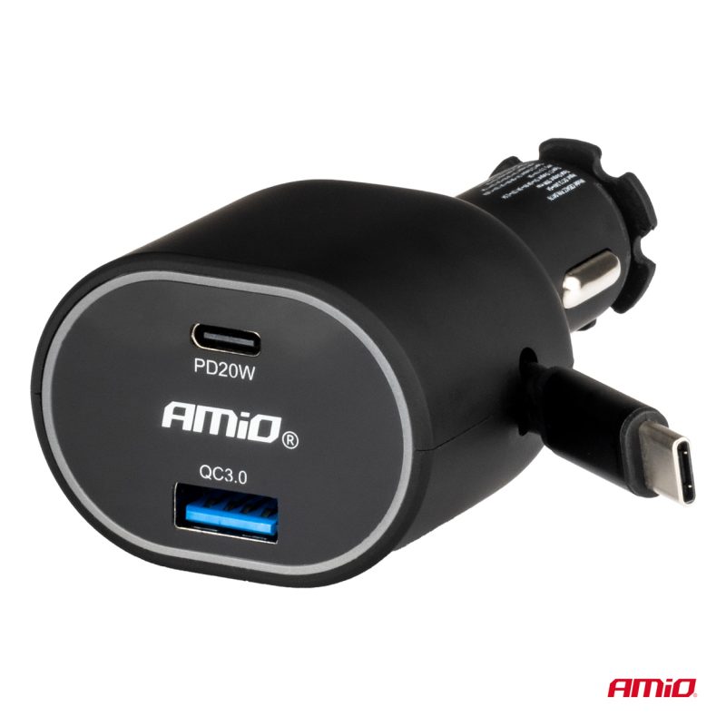 Rýchla autonabíjačka 3.0 s 30W C navíjacím káblom PD20W AMiO-04176 – Obrázok 2