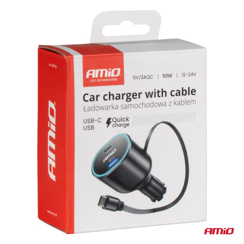 Rýchla autonabíjačka 3.0 s 30W C navíjacím káblom PD20W AMiO-04176 – Obrázok 5
