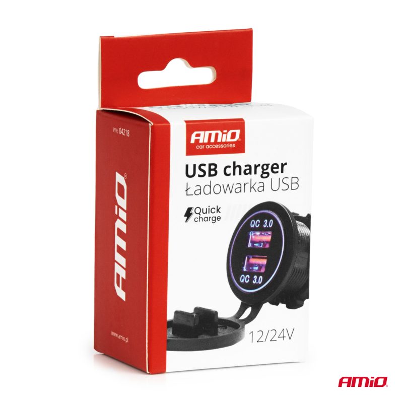 Vodotesná nabíjačka s MODRÝM LED podsvietením 2xUSB QC3.0 12/24V AMiO-04218 – Obrázok 5