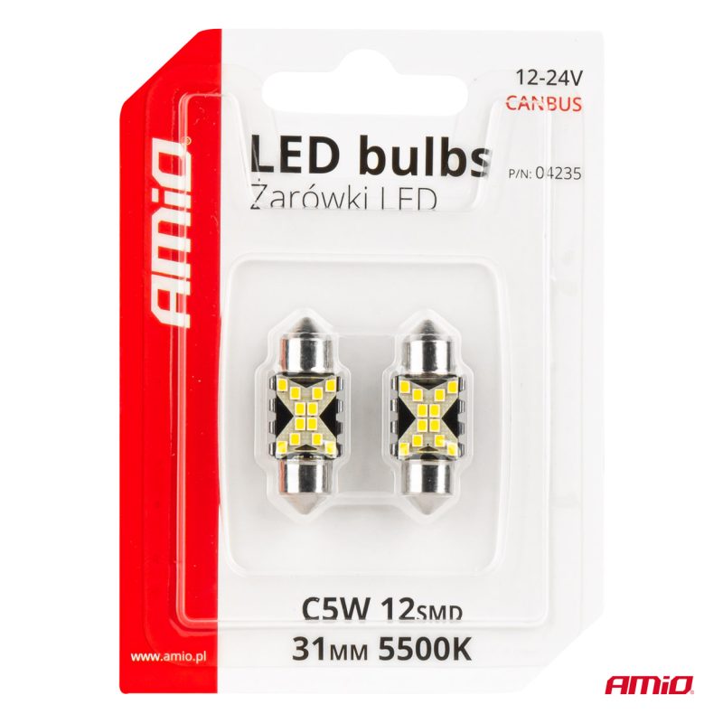 LED žiarovky CANBUS 12SMD Festoon C5W 2016 31mm White 12/24V AMiO-04235 – Obrázok 5