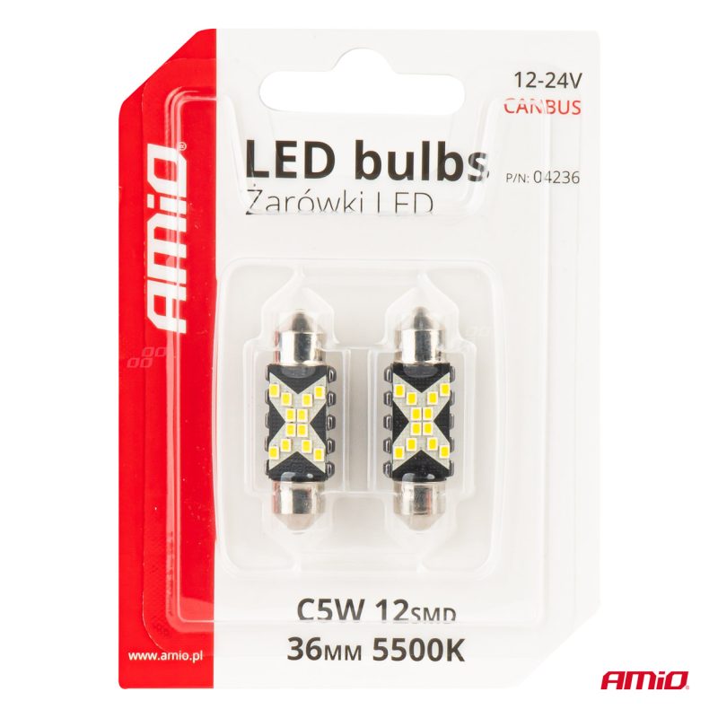 LED žiarovky CANBUS 12SMD Festoon C5W 2016 36mm White 12/24V AMiO-04236 – Obrázok 5