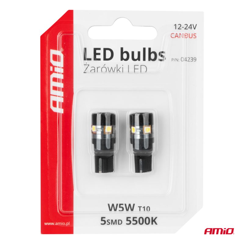 LED žiarovky CANBUS T10 W5W 5SMD 3030 White 12V 24V AMiO-04239 – Obrázok 5