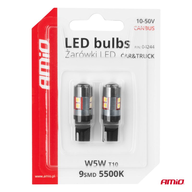 LED žiarovky CANBUS T10 W5W 9 SMD 3030 Biela 12V 24V 36V 48V AMiO-04244 – Obrázok 5