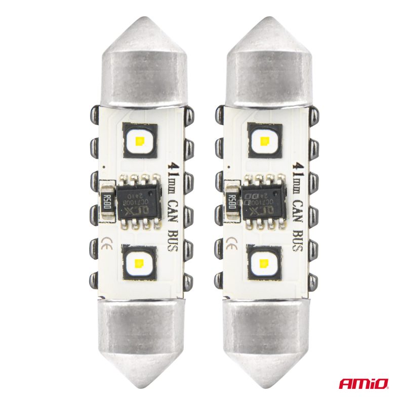 LED žiarovky CANBUS 12SMD Festoon C5W 3838 41mm White 12/24V AMiO-04250 – Obrázok 2