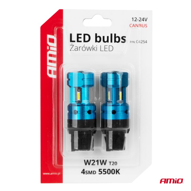 LED žiarovky CANBUS T20 7440 W21W 4SMD 1860 White 12V 24V AMiO-04254 – Obrázok 5