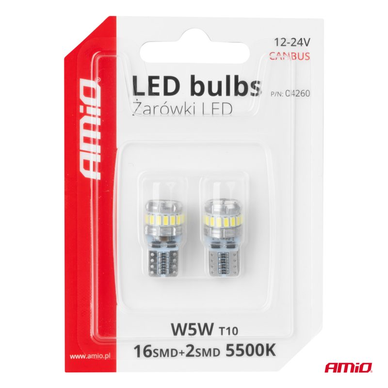 LED žiarovky CANBUS T10 W5W 16SMD 2SMD 3014 3030 Biela 12V 24V AMiO-04260 – Obrázok 5
