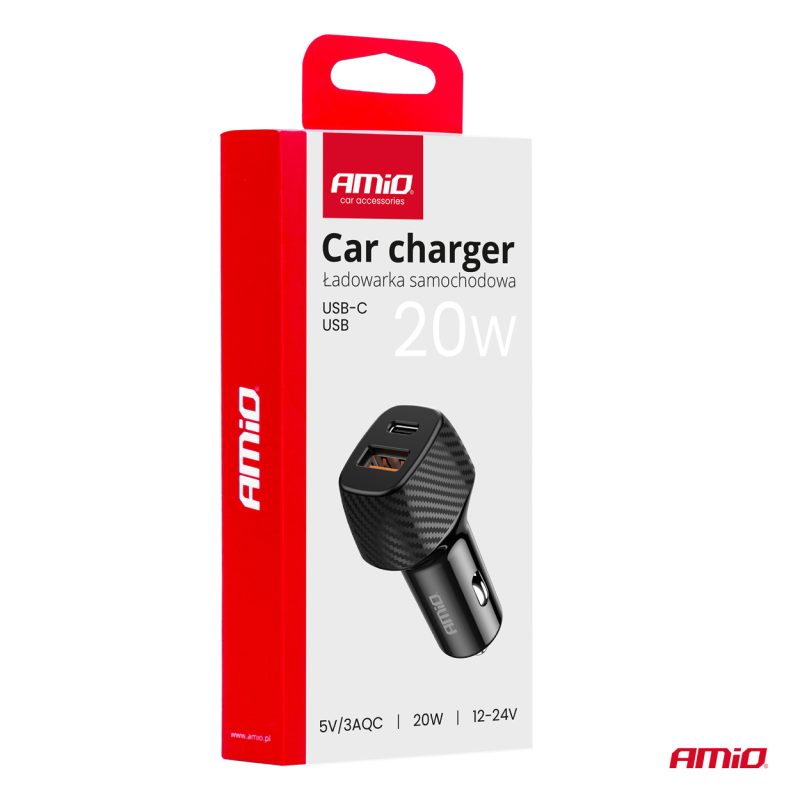 Nabíjačka do auta QC+PD 20W USB-A + USB-C AMiO-04282 – Obrázok 5