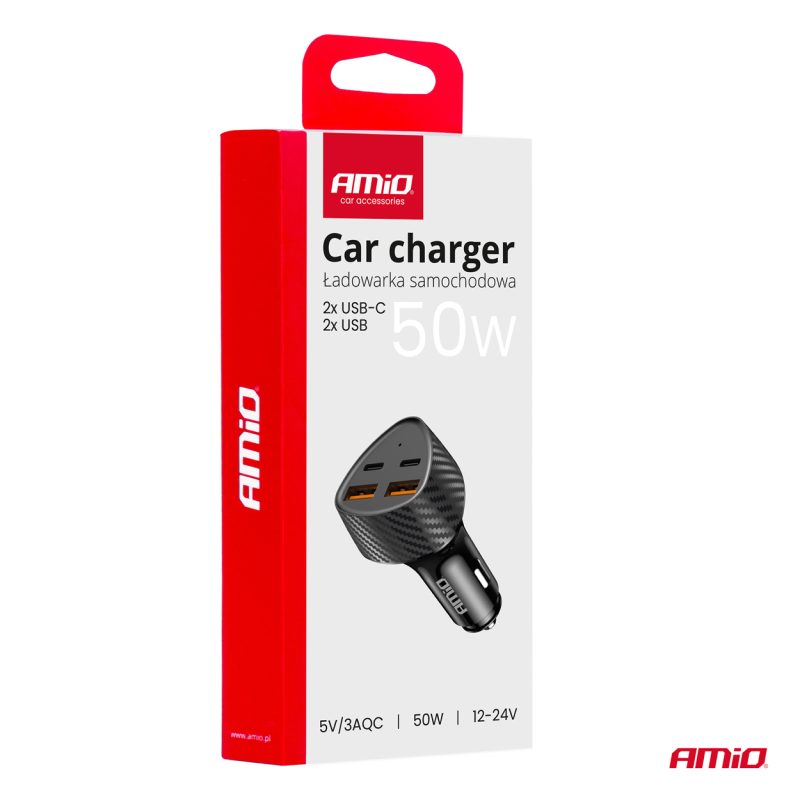 Nabíjačka do auta 50W 2xUSB-A + 2xUSB-C AMiO-04284 – Obrázok 6
