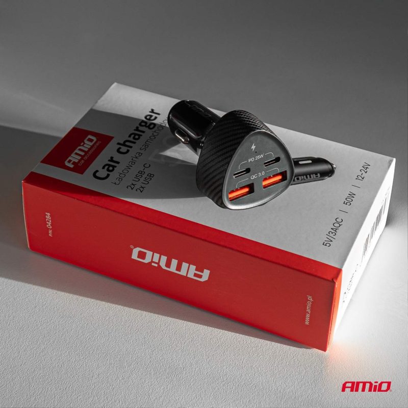 Nabíjačka do auta 50W 2xUSB-A + 2xUSB-C AMiO-04284 – Obrázok 4