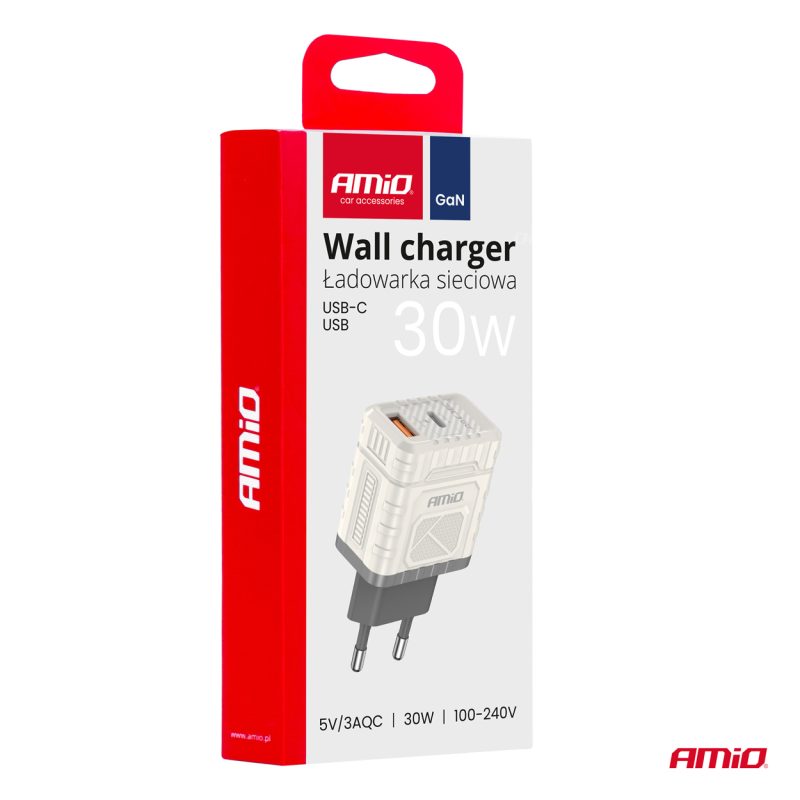 Sieťová nabíjačka Quick Charge GaN 30W USB-A + USB-C AMiO-04286 – Obrázok 3