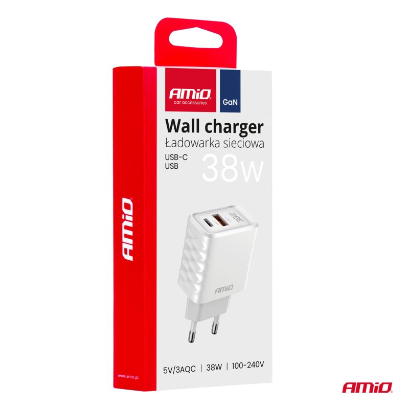 Sieťová nabíjačka Quick Charger GaN 38W USB-A + USB-C AMiO-04287 – Obrázok 5