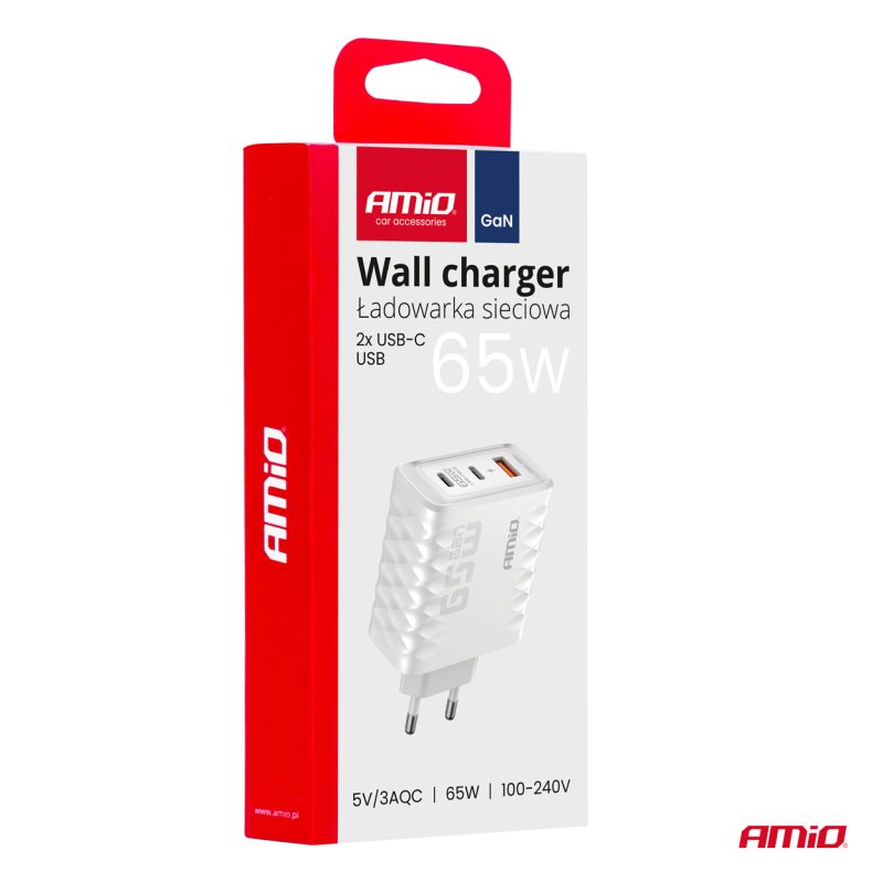 Sieťová nabíjačka Quick Charge 65W USB-A + 2xUSB-C AMiO-04289 – Obrázok 3