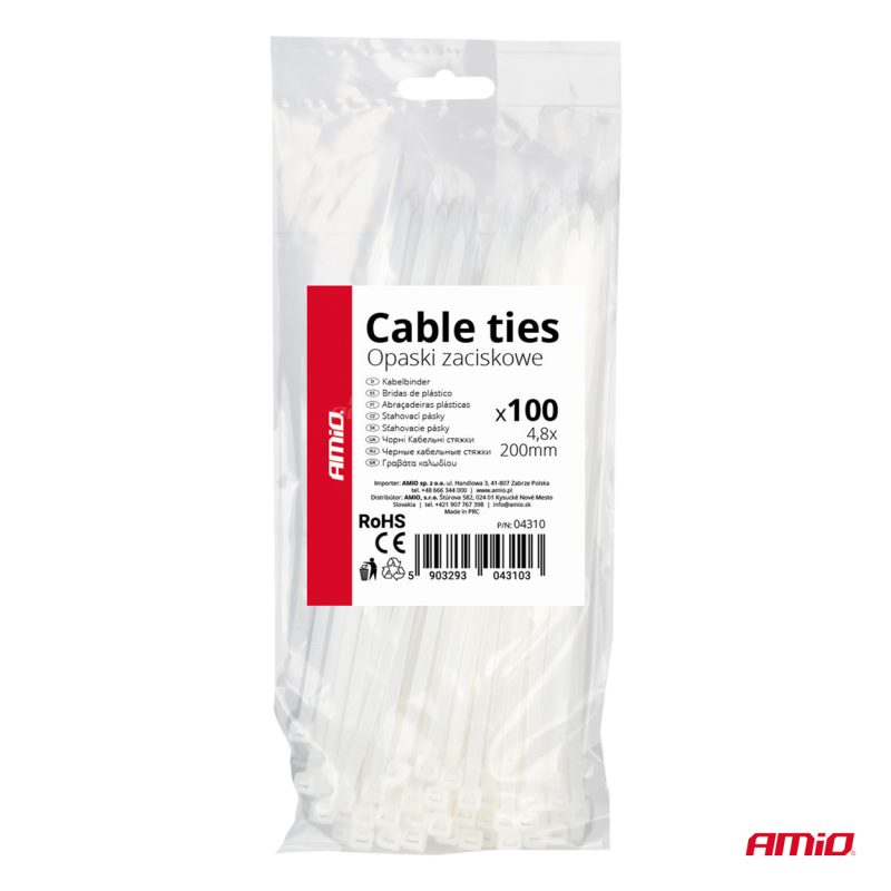 Plastové sťahovacie pásky, biele 4,8×200mm 100ks AMiO-04310 – Obrázok 6