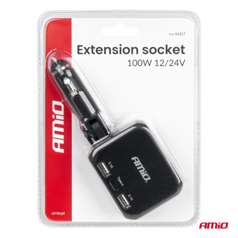 Predlžovacia zásuvka 2x USB-A 1x USB-C 12/24V 100W 180° AMiO-04357 – Obrázok 8