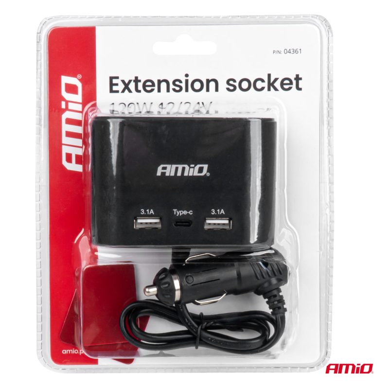 Predlžovacia zásuvka 2x USB-A 1x USB-C 12/24V 120W 70cm AMiO-04361 – Obrázok 7