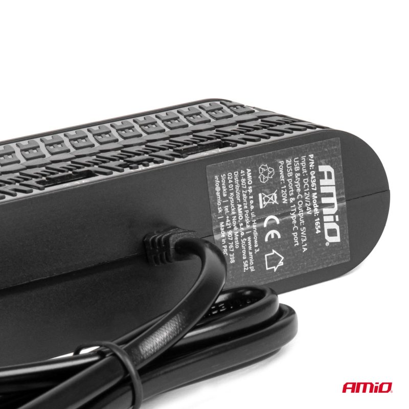 Predlžovacia zásuvka 2x USB-A 1x USB-C 12/24V 120W 80cm AMiO-04367 – Obrázok 5