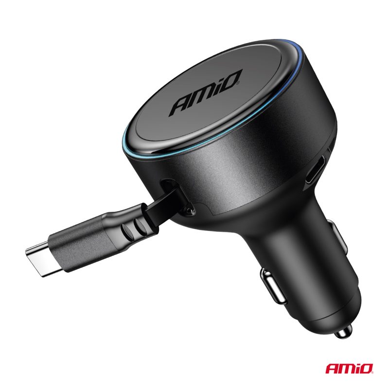 Nabíjačka do auta výsuvná C kábel + USB C port 12/24V 60W AMiO-04368 – Obrázok 2
