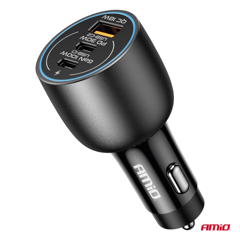 Nabíjačka do auta 2x USB C port + USB A port 12/24V 100W AMiO-04371 – Obrázok 3