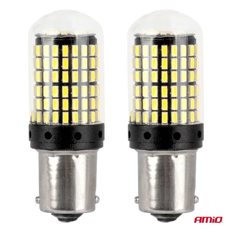 LED žiarovky CANBUS BA15S P21W R10W R5W 600lm 144SMD Biela 12V 24V AMiO-04473 – Obrázok 2