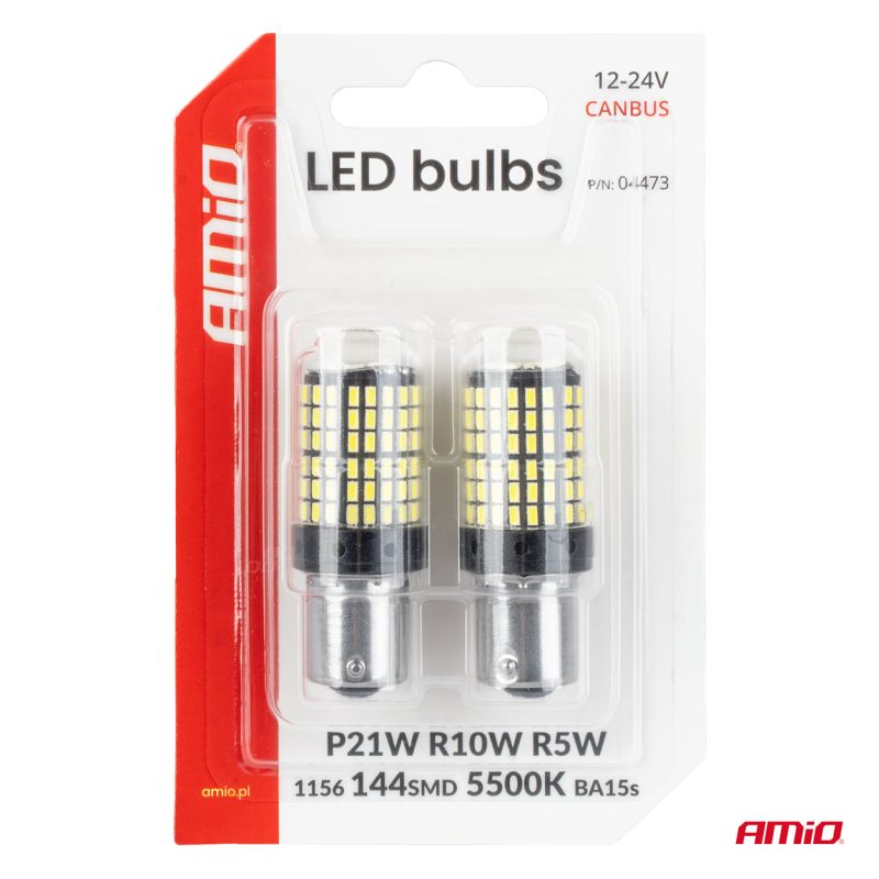 LED žiarovky CANBUS BA15S P21W R10W R5W 600lm 144SMD Biela 12V 24V AMiO-04473 – Obrázok 5